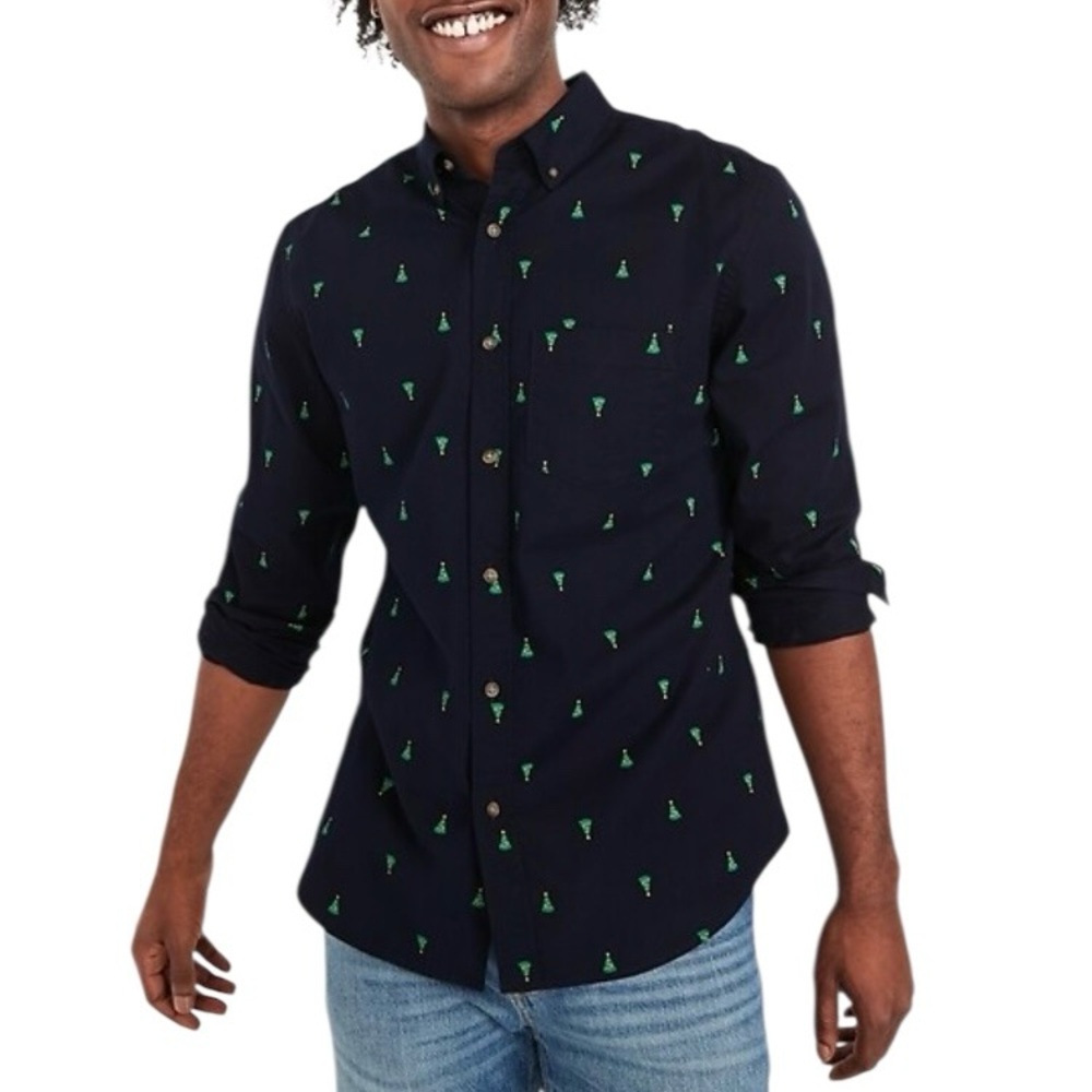 Old Navy Blue Christmas Tree Print Slim Fit Button Down Shirt (Holiday Unisex)
